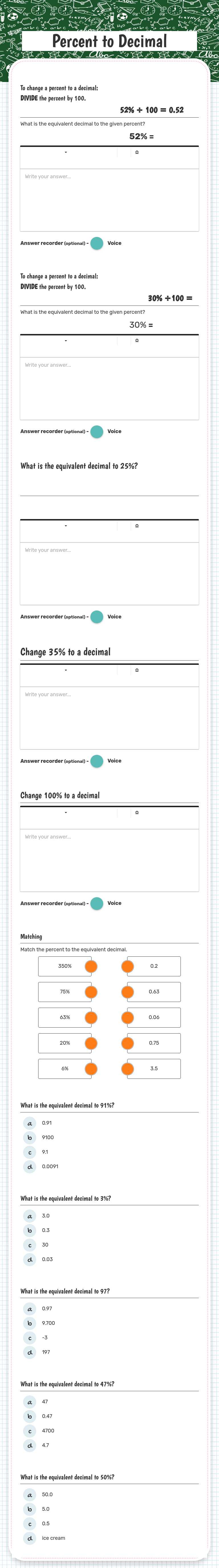 Percent to Decimal worksheet preview image