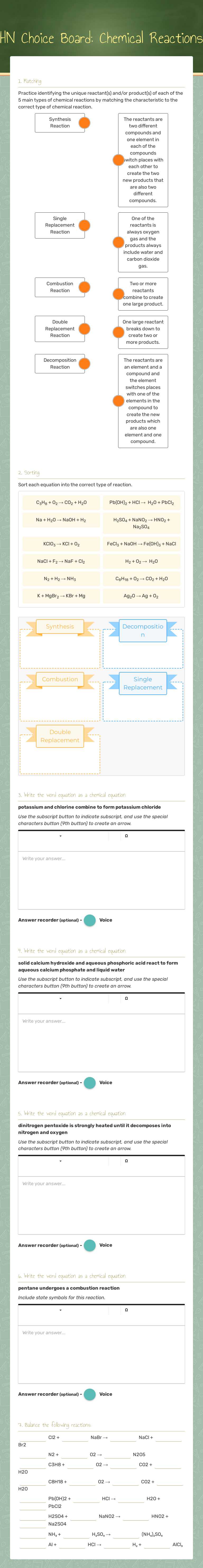 HN Choice Board: Chemical Reactions worksheet preview image