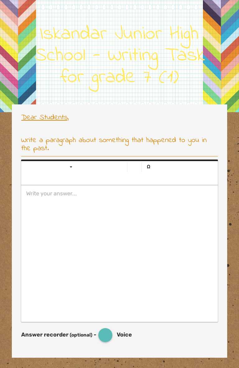Iskandar Junior High School - Writing Task for grade 7 (1) worksheet preview image