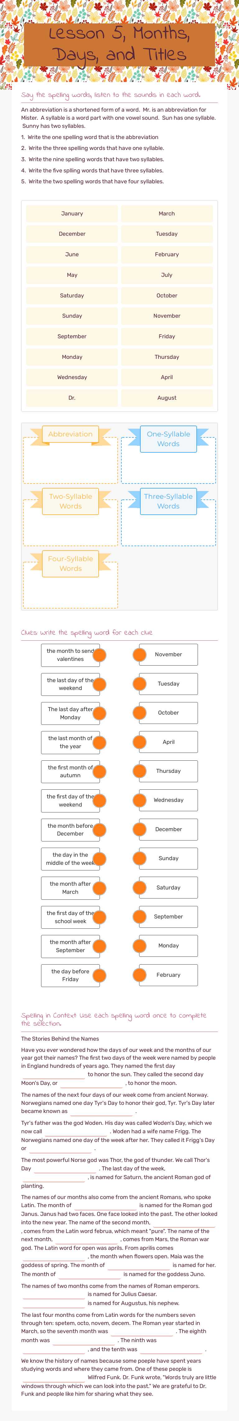 Lesson 5, Months, Days, and Titles worksheet preview image