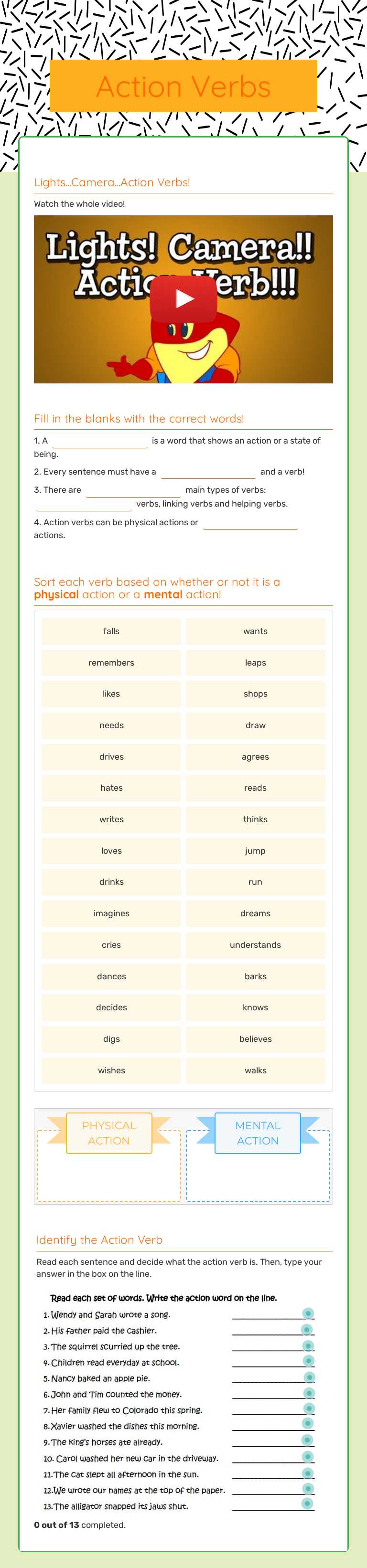 Action Verbs worksheet preview image