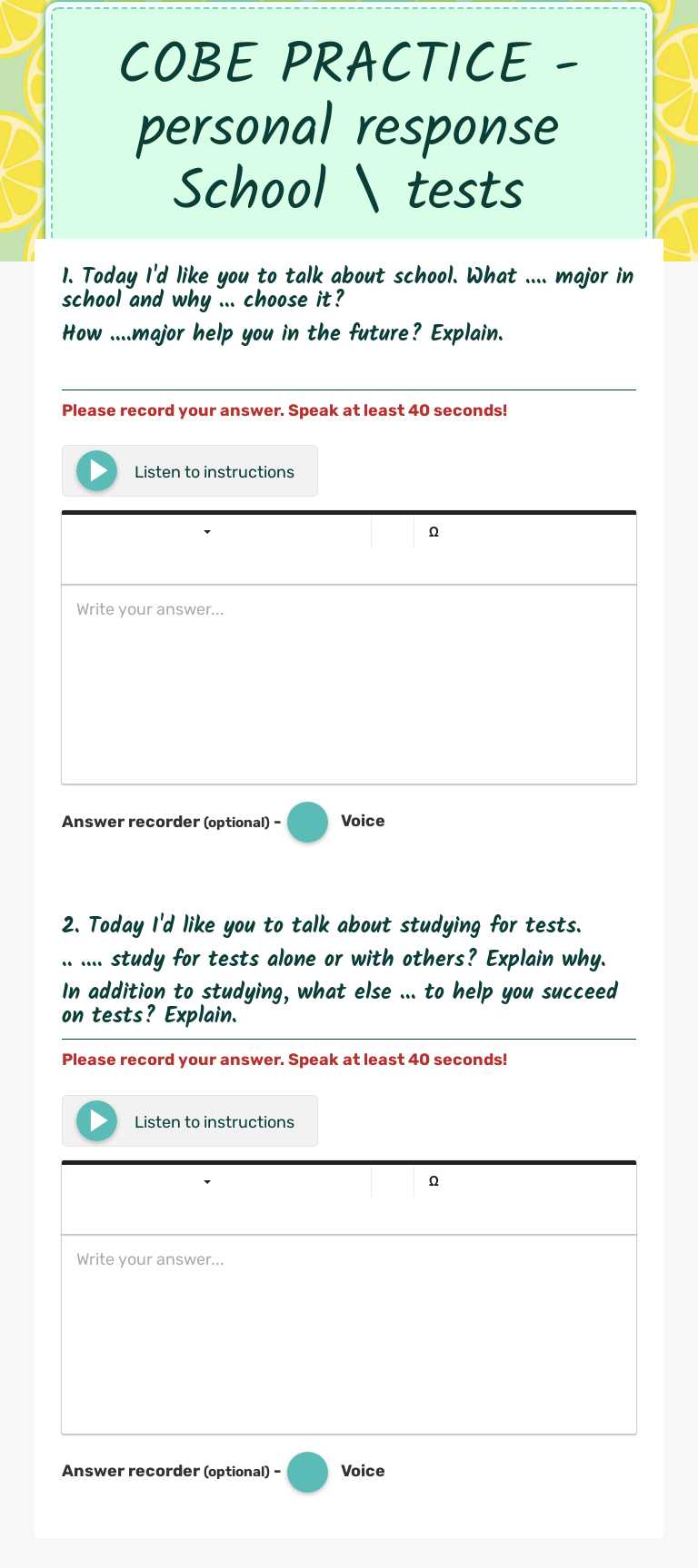 COBE PRACTICE -personal response
School \ tests worksheet preview image