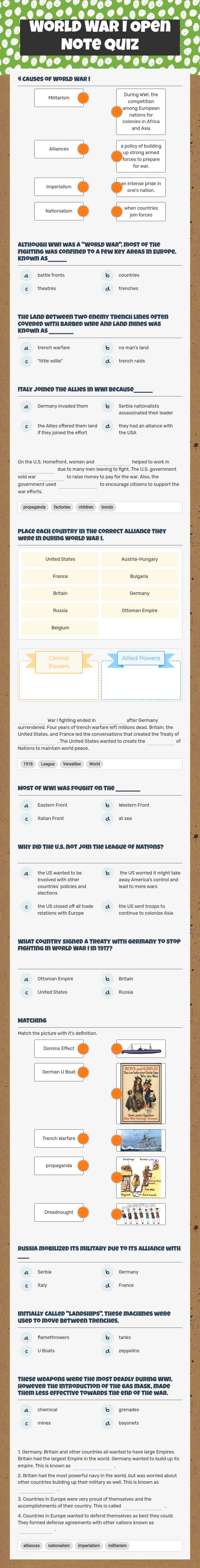 World War I  
Open Note Quiz worksheet preview image