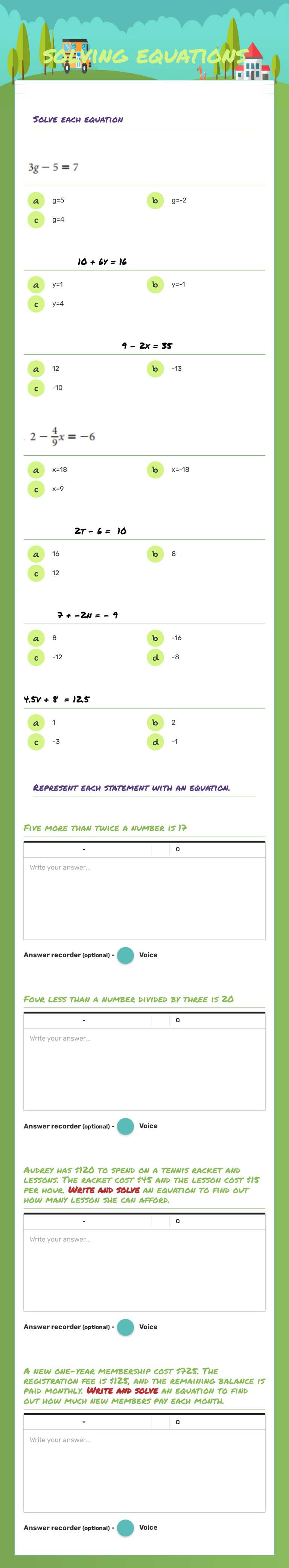 solving equations worksheet preview image