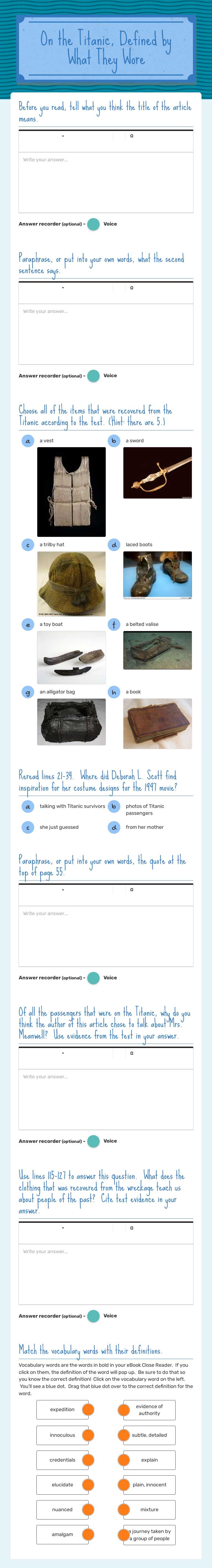 On the Titanic, Defined by What They Wore worksheet preview image