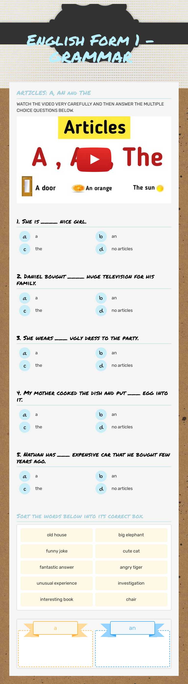 English Form 1 - GRAMMAR worksheet preview