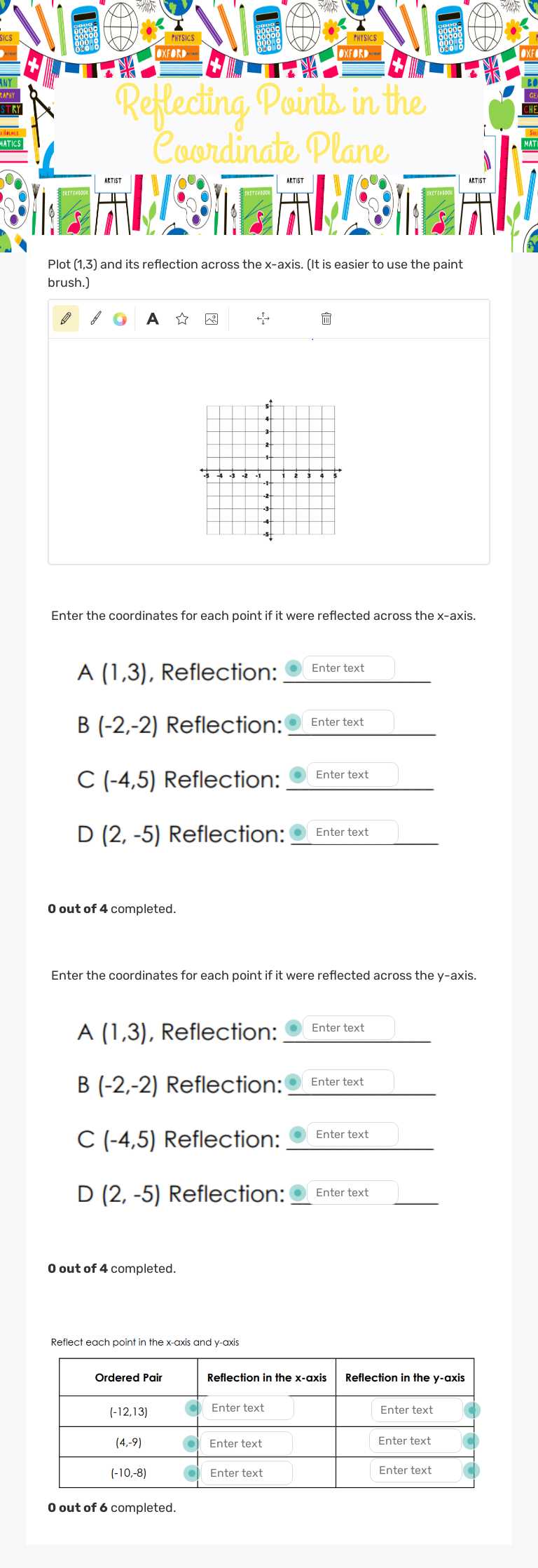 Reflecting Points in the Coordinate Plane worksheet preview image
