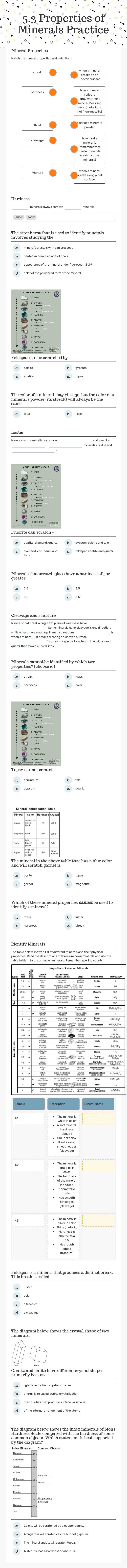 5.3 Properties of Minerals Practice worksheet preview image