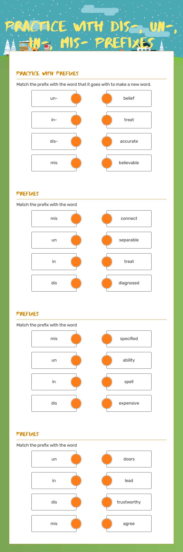 Practice with dis-, un-, in-, mis- prefixes worksheet preview image