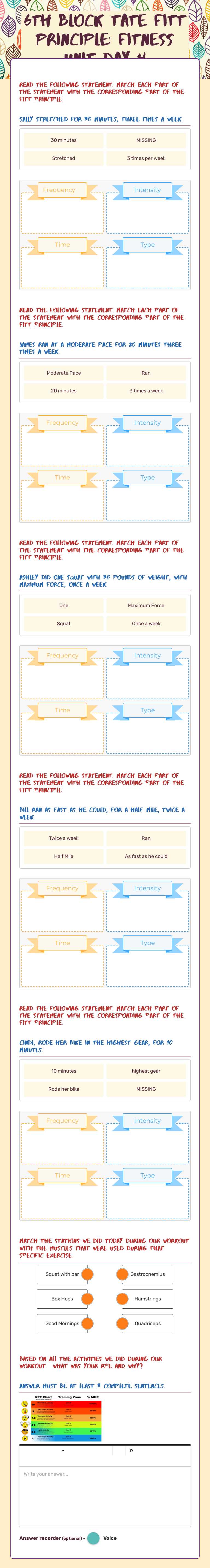 6th Block Tate      FITT Principle:  Fitness Unit Day 4 worksheet preview image