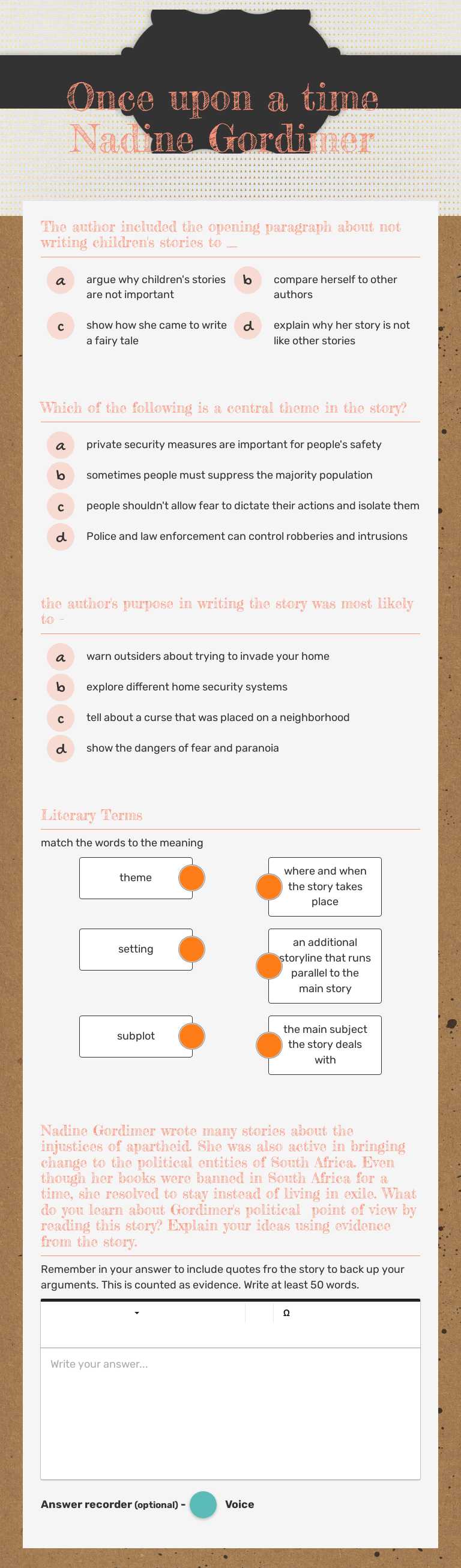 Once upon a time
Nadine Gordimer Grade 9 worksheet preview