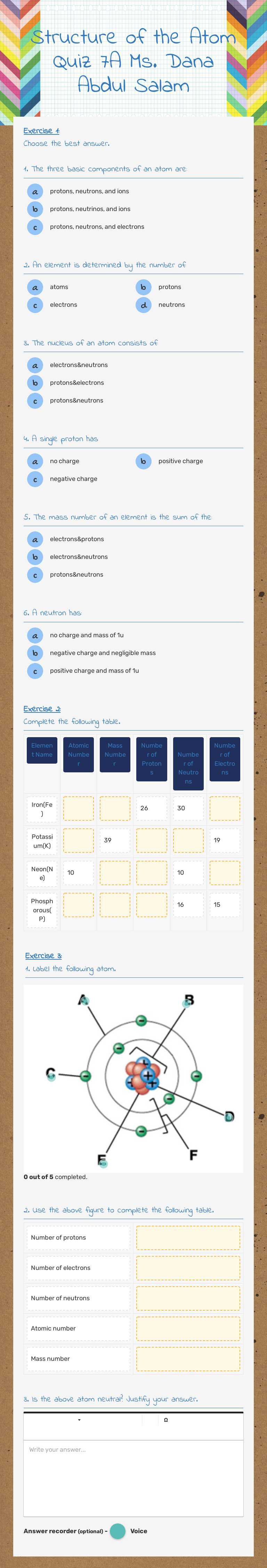 Structure of the Atom Quiz 7A Ms. Dana Abdul Salam Grade 7 worksheet preview