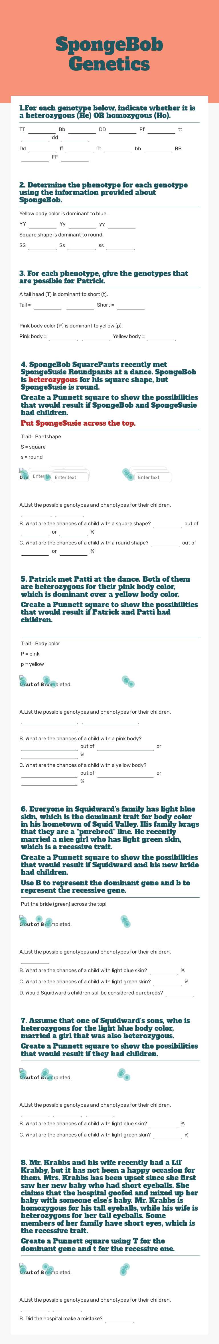 SpongeBob Genetics worksheet preview image