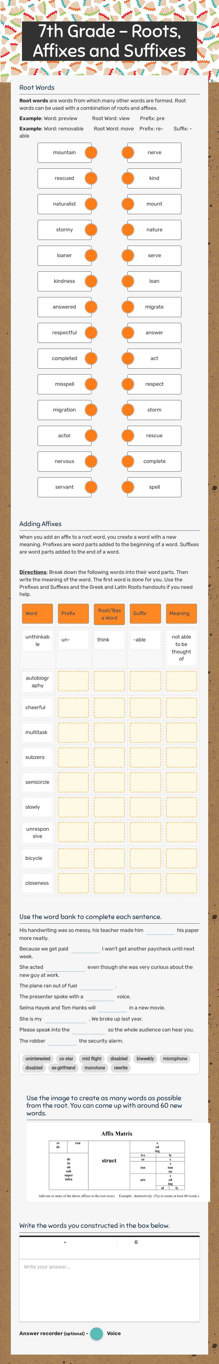 7th Grade - Roots, Affixes and Suffixes worksheet preview image