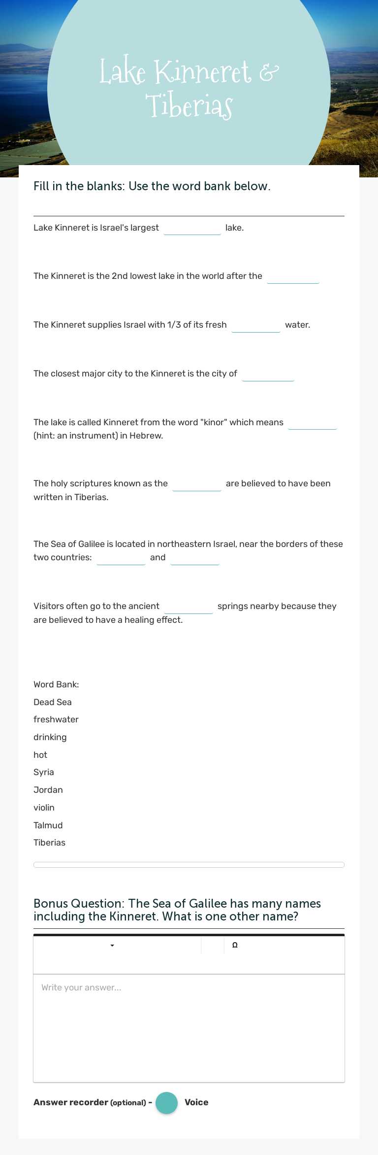 Lake Kinneret & Tiberias worksheet preview image