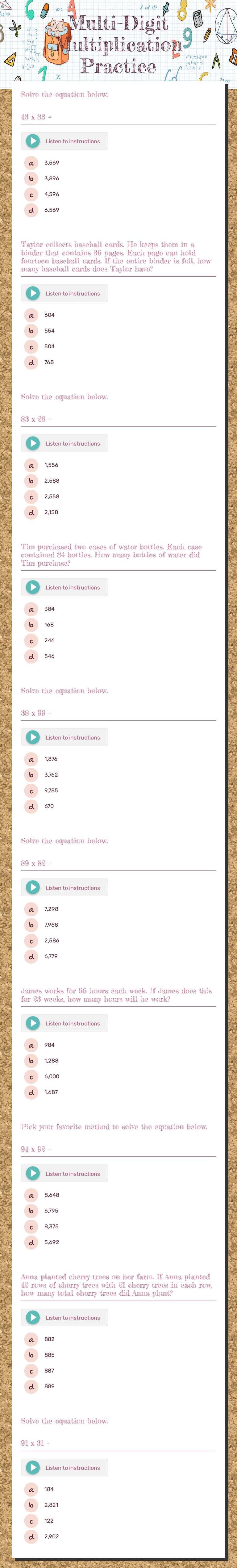 Multi-Digit Multiplication Practice worksheet preview image