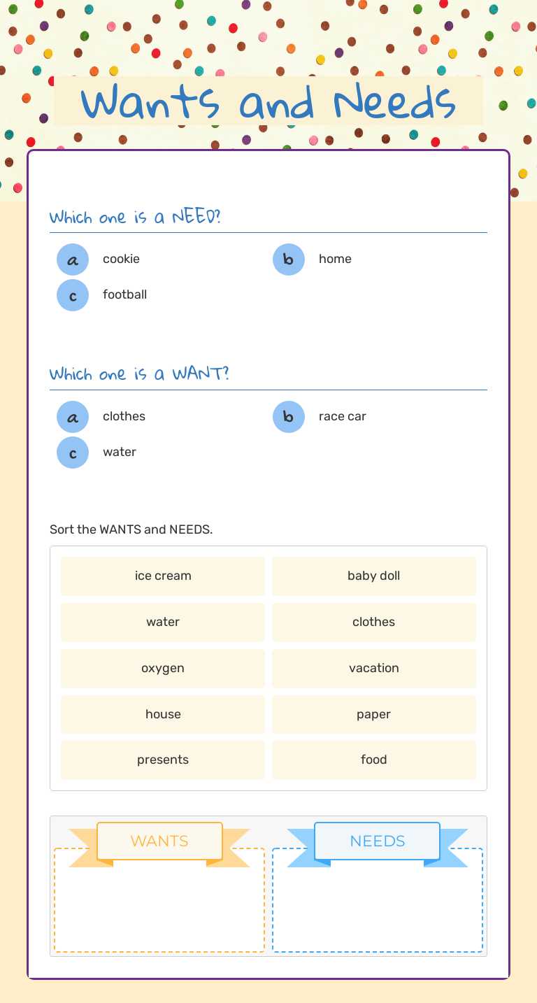 Wants and Needs worksheet preview image