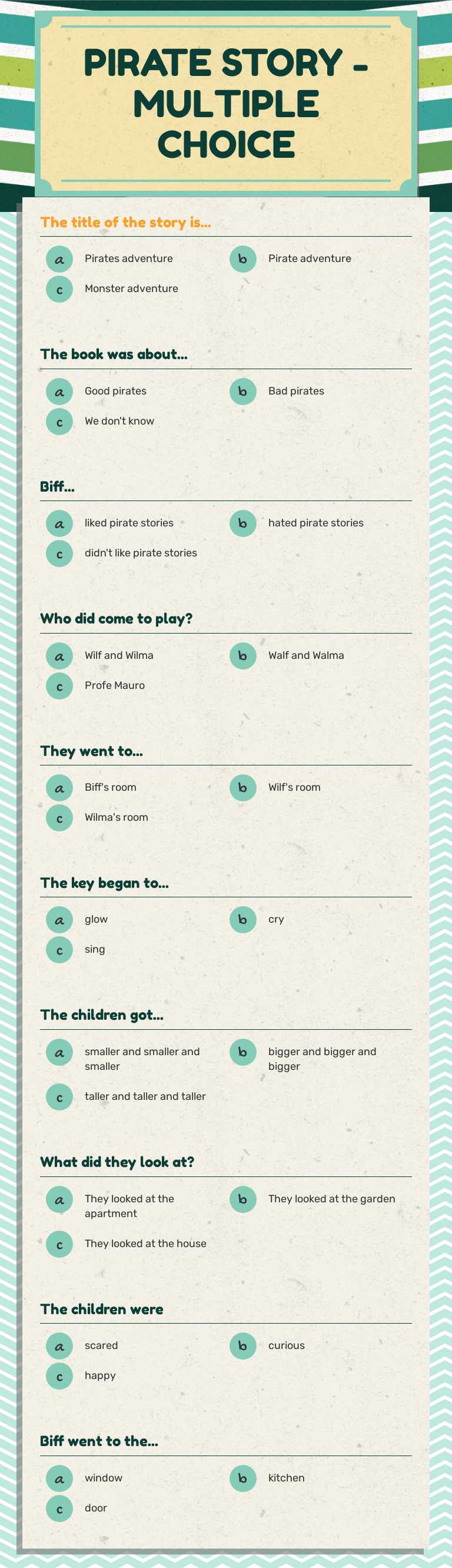 PIRATE STORY - MULTIPLE CHOICE worksheet preview image