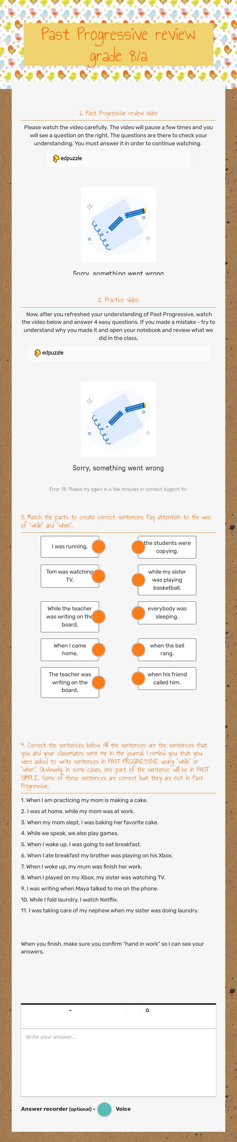 Past Progressive review    grade 8/a worksheet preview image