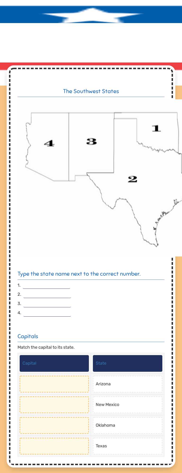 The Southwest States and capitals Quiz Grade 4 worksheet preview