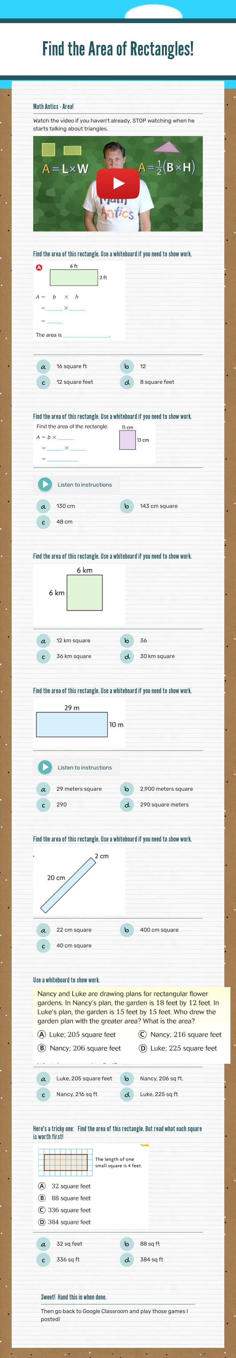 Find the Area of Rectangles! Grade 4 worksheet preview