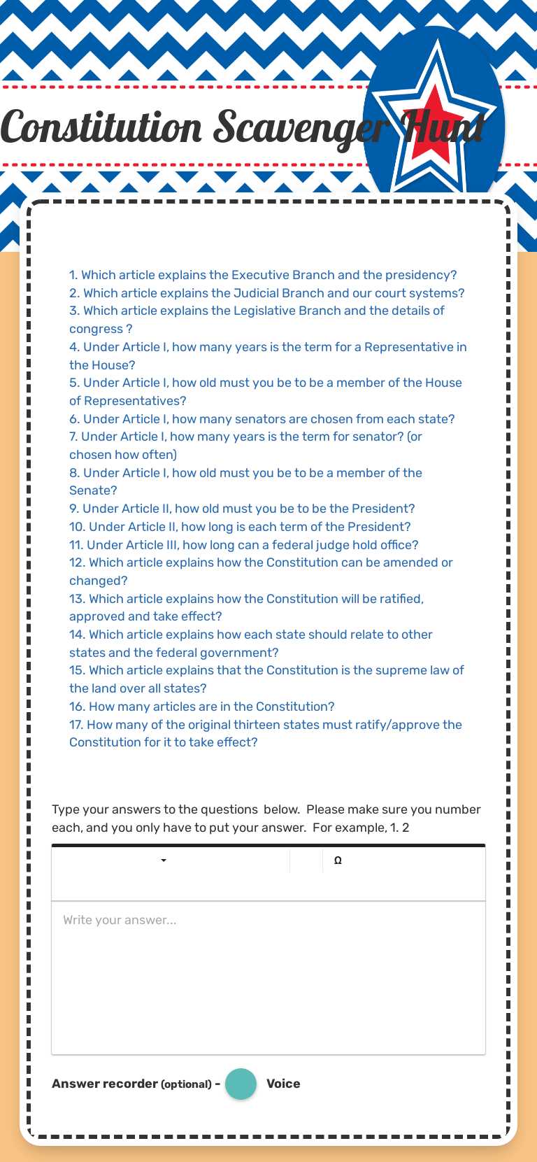 Constitution Scavenger Hunt worksheet preview image