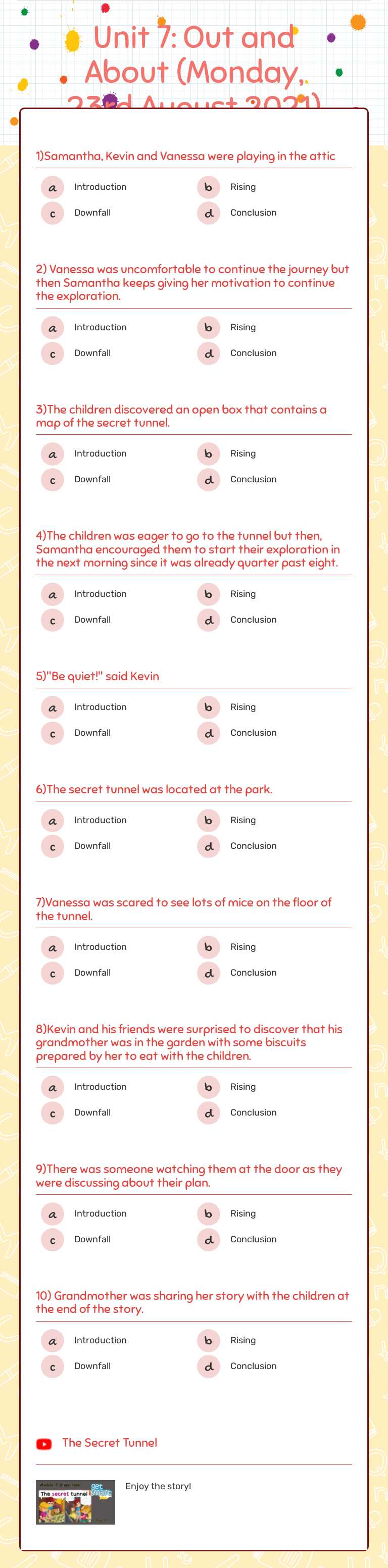 Unit 7: Out and About (Monday, 23rd August 2021) worksheet preview image