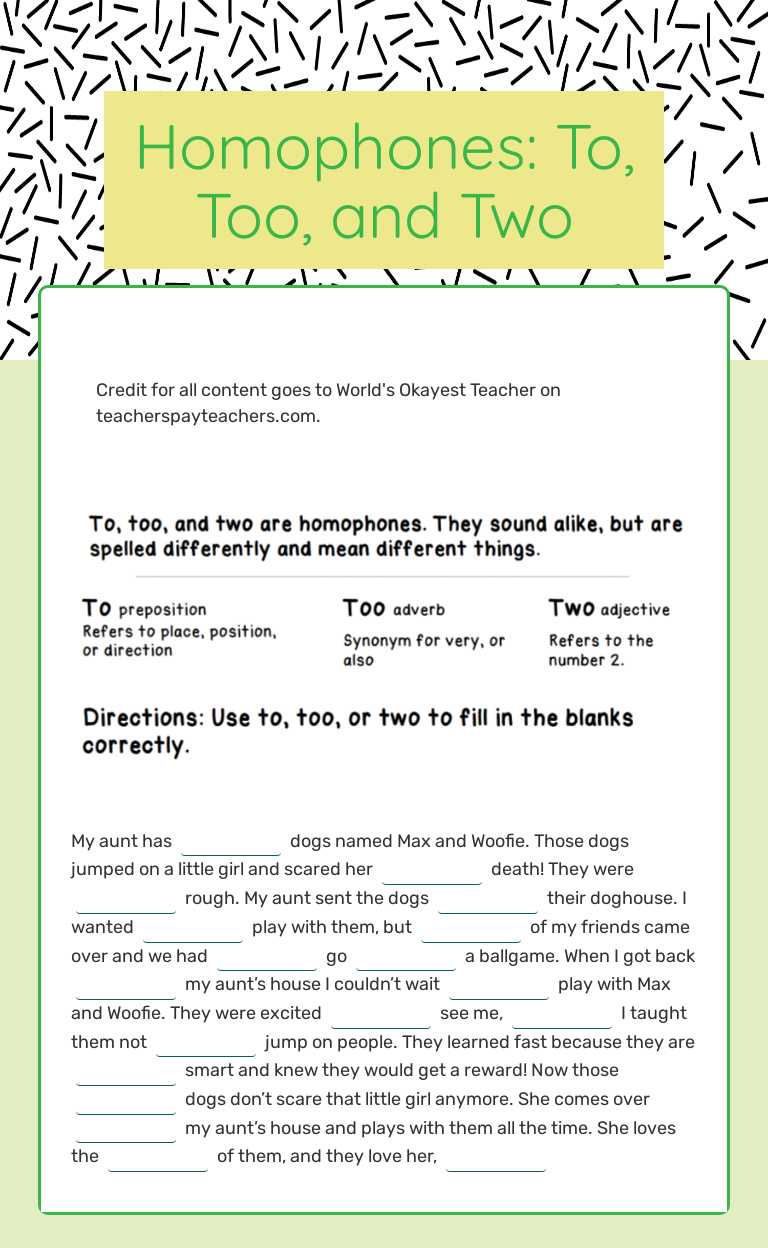 Homophones: To, Too, and Two worksheet preview