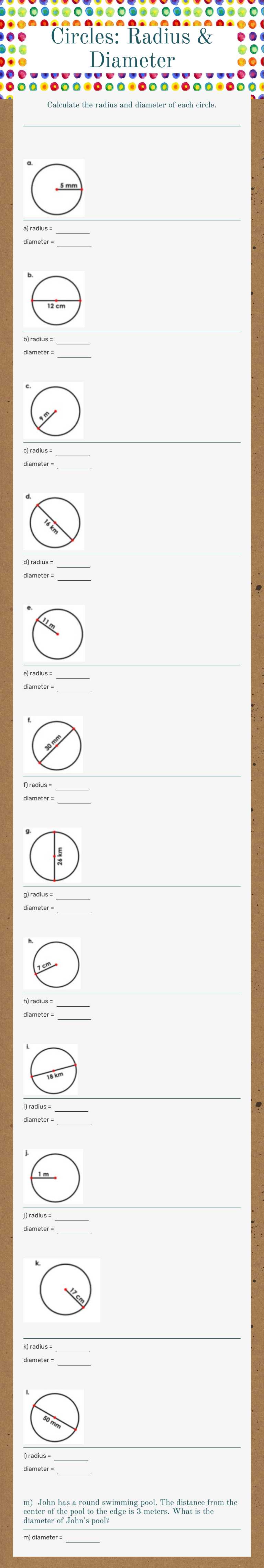 Circles: Radius & Diameter Grade 5 worksheet preview
