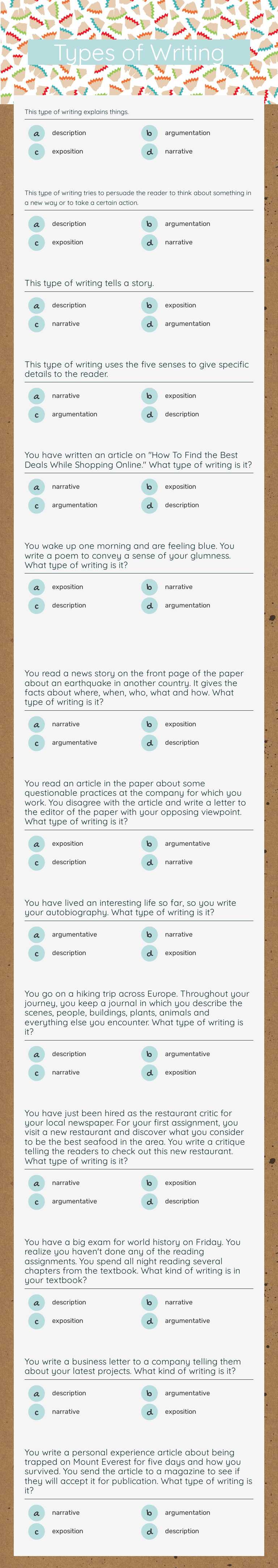 Types of Writing Other worksheet preview