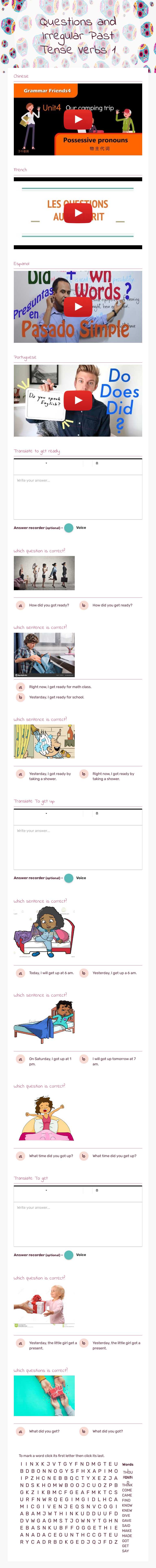 Questions and Irregular Past Tense Verbs 1 worksheet preview image