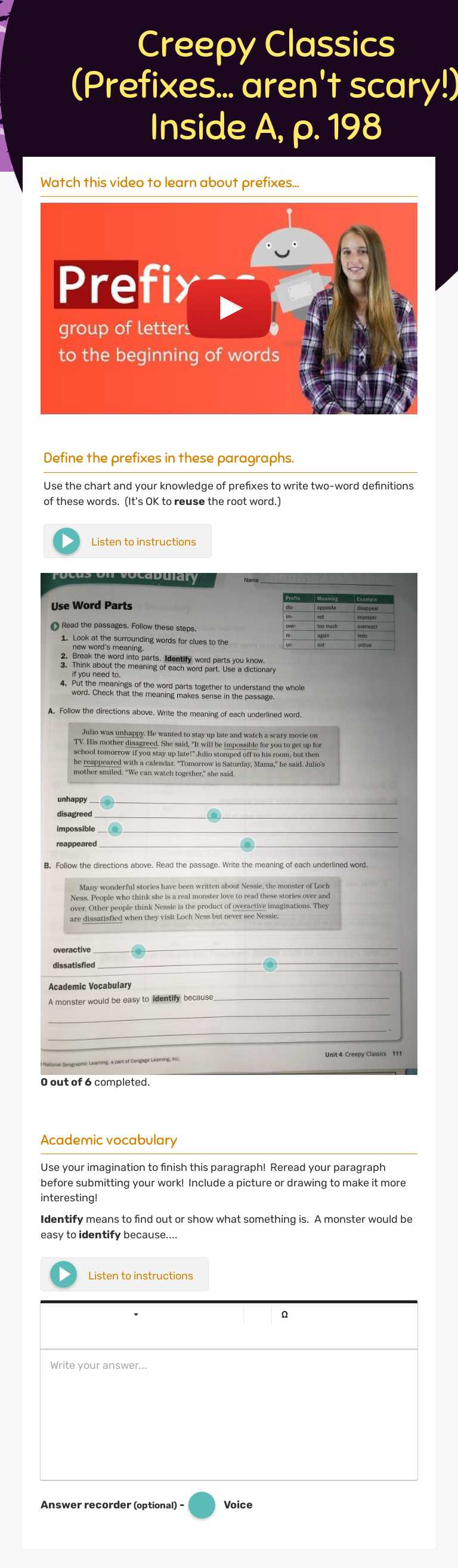 Creepy Classics (Prefixes...
aren't scary!)  Inside A, p. 198 Grade 8 worksheet preview