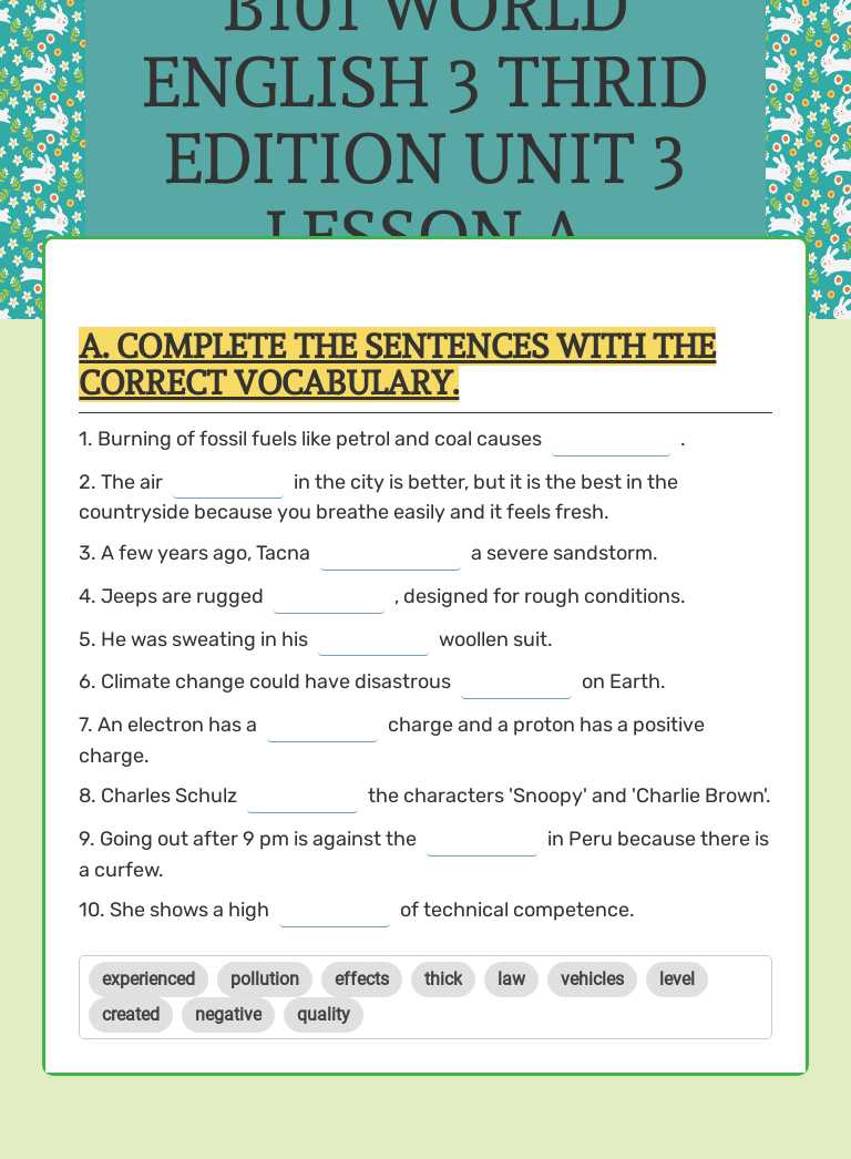 B101 WORLD ENGLISH 3 THRID EDITION UNIT 3 LESSON A VOCABULARY worksheet preview image
