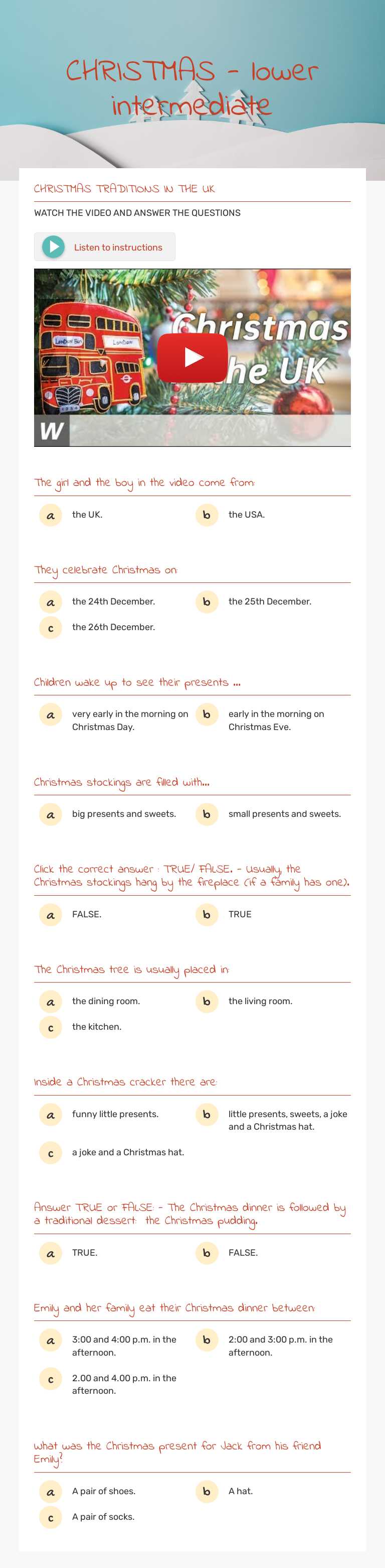 CHRISTMAS - lower intermediate Grade 4 worksheet preview