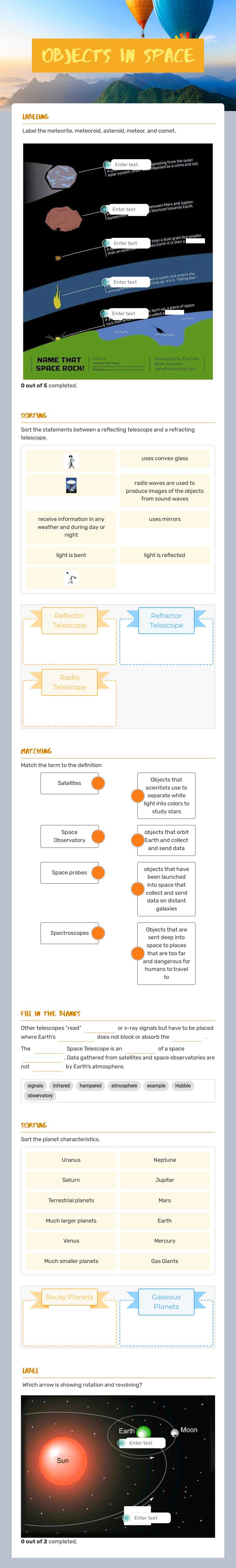 Objects in  Space worksheet preview image