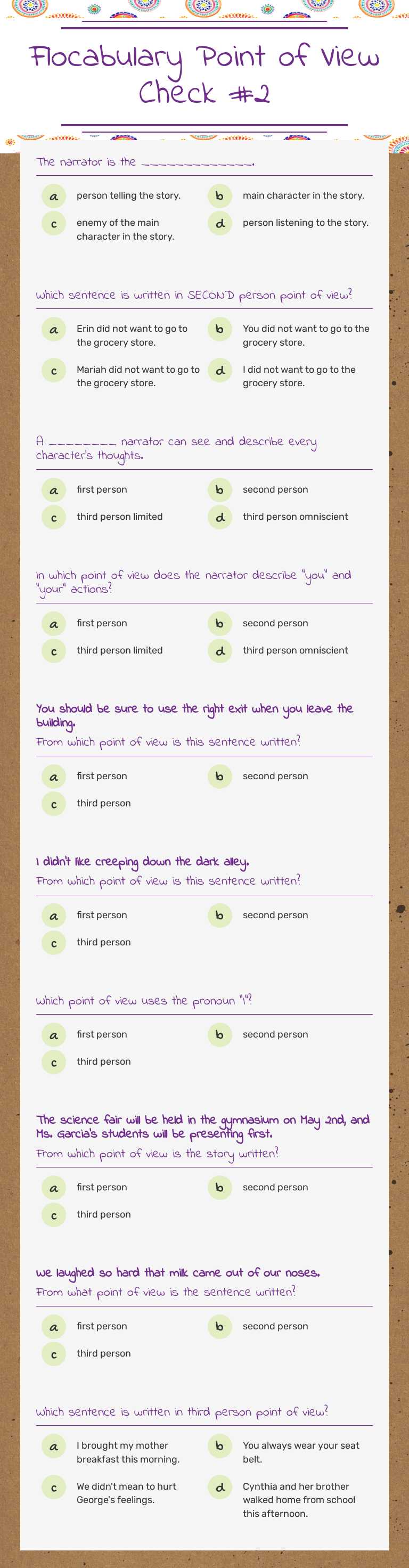 Flocabulary Point of View Check #2 Grade 5 worksheet preview