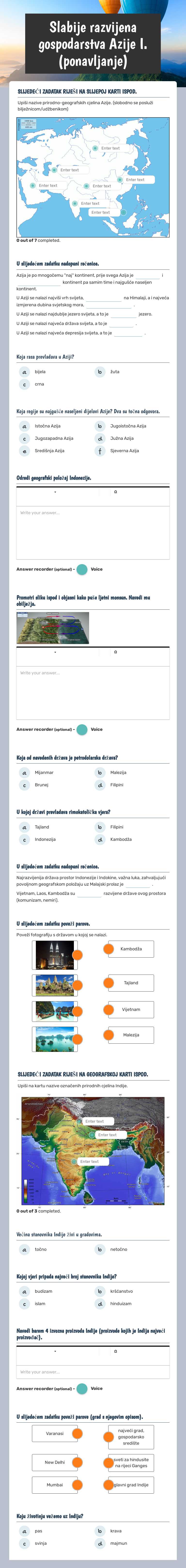 Slabije razvijena gospodarstva Azije I. (ponavljanje) worksheet preview image