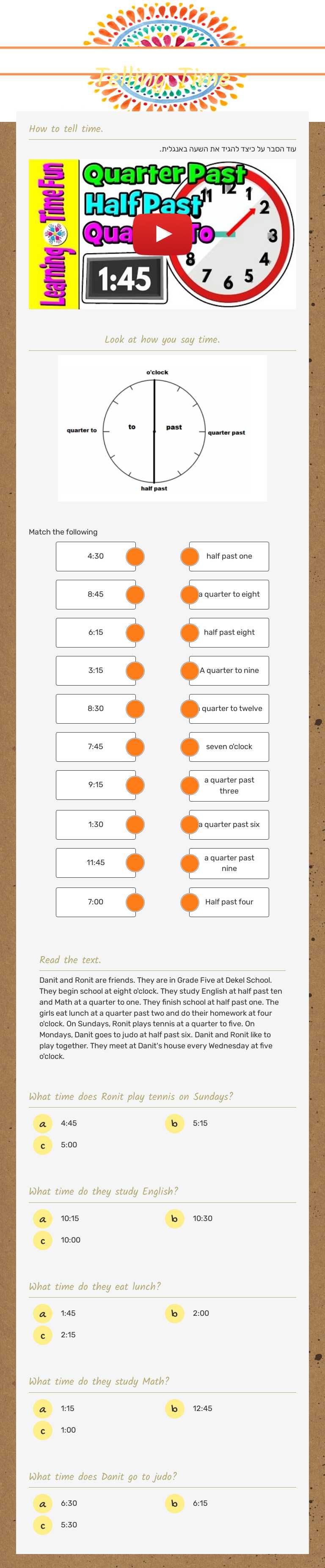 Telling Time worksheet preview image