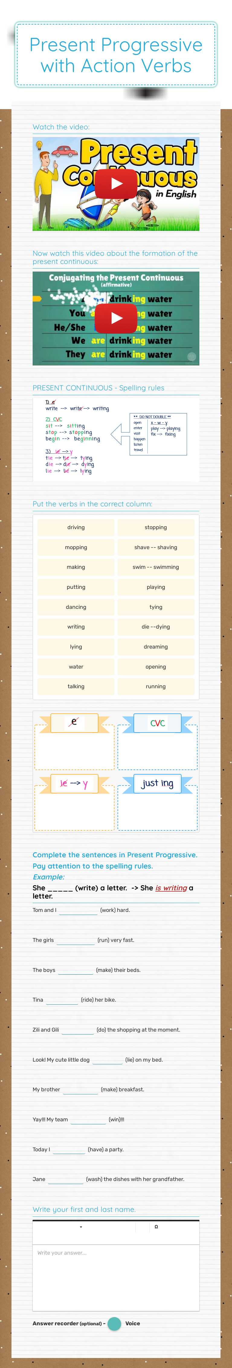 Present Progressive with Action Verbs worksheet preview image