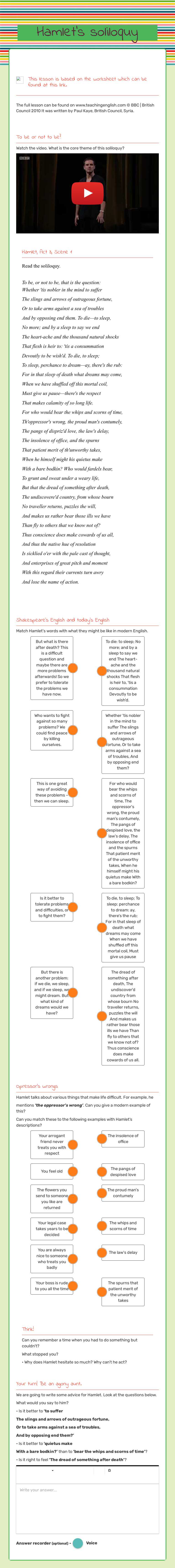 Hamlet's soliloquy worksheet preview image