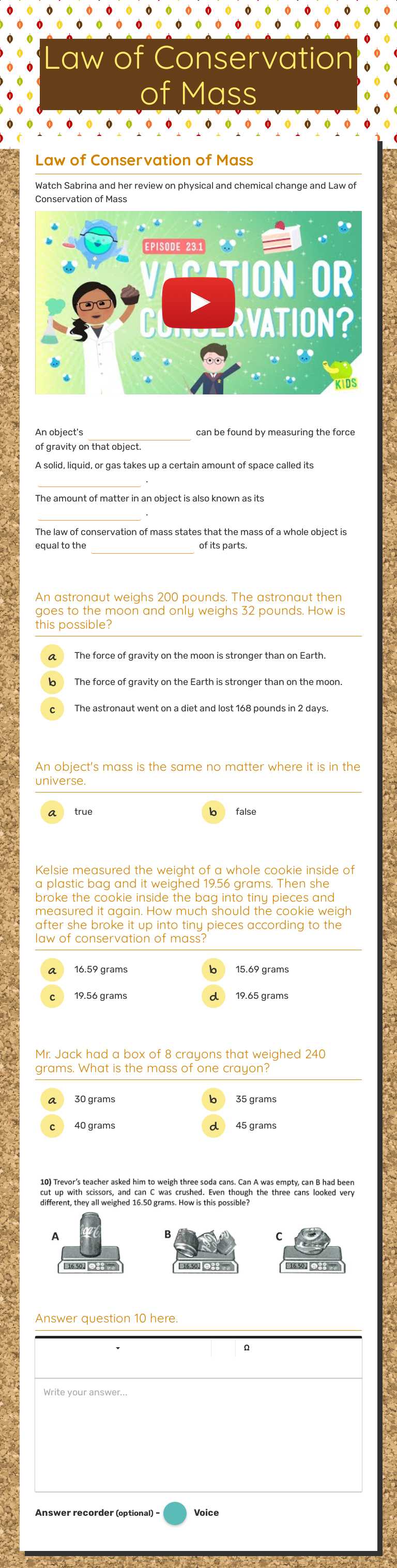 Law of Conservation of Mass worksheet preview image