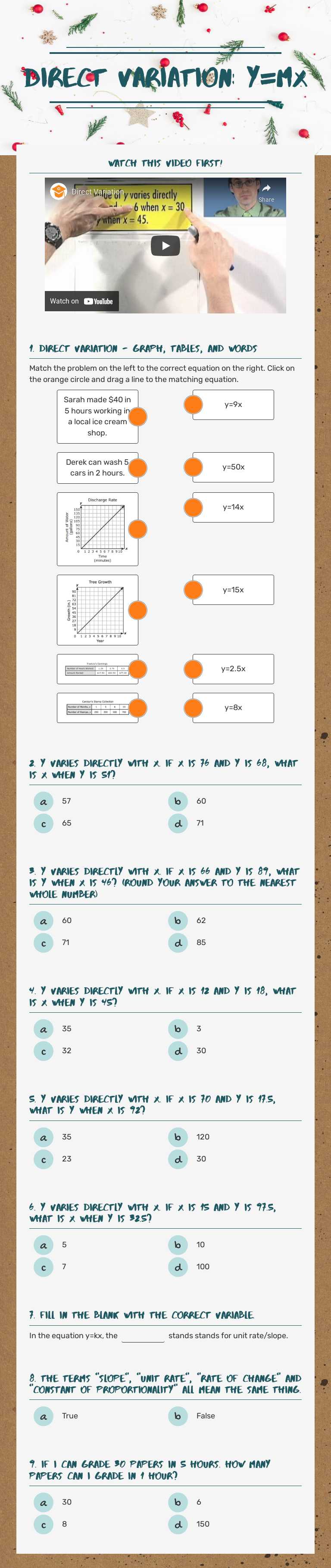 Direct Variation:
y=mx Grade 8 worksheet preview