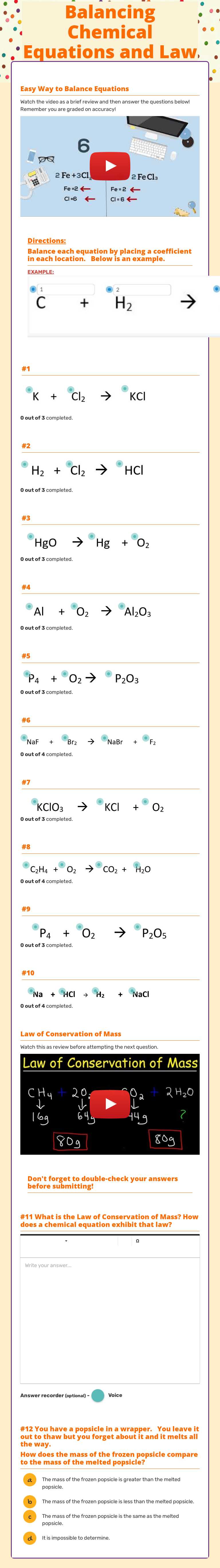Balancing Chemical Equations and Law of Conservation Grade 8 worksheet preview