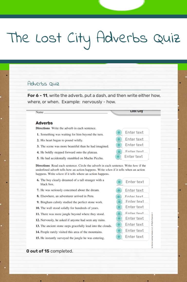 The Lost City Adverbs Quiz worksheet preview image