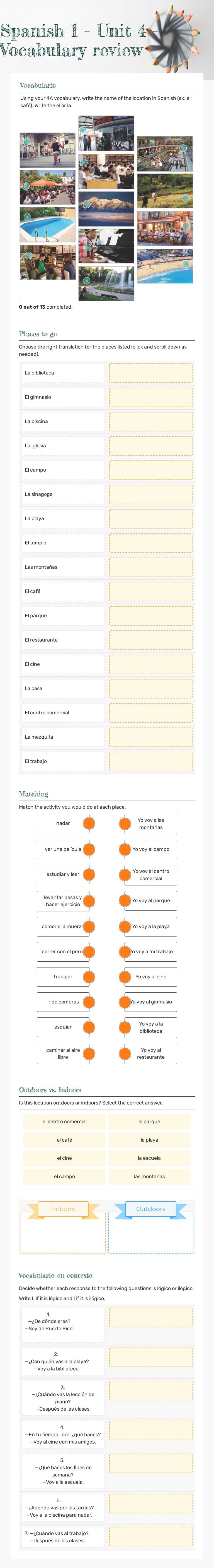 Spanish 1 - Unit 4 - Vocabulary review worksheet preview image