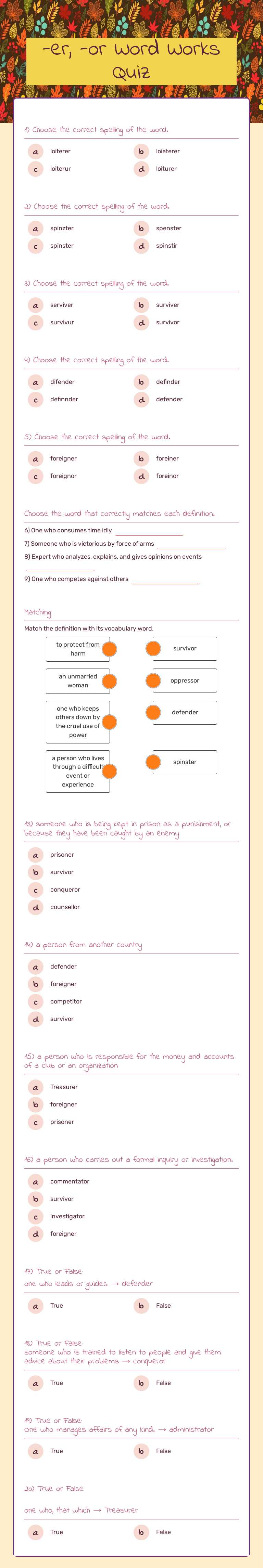 -er, -or Word Works Quiz worksheet preview image
