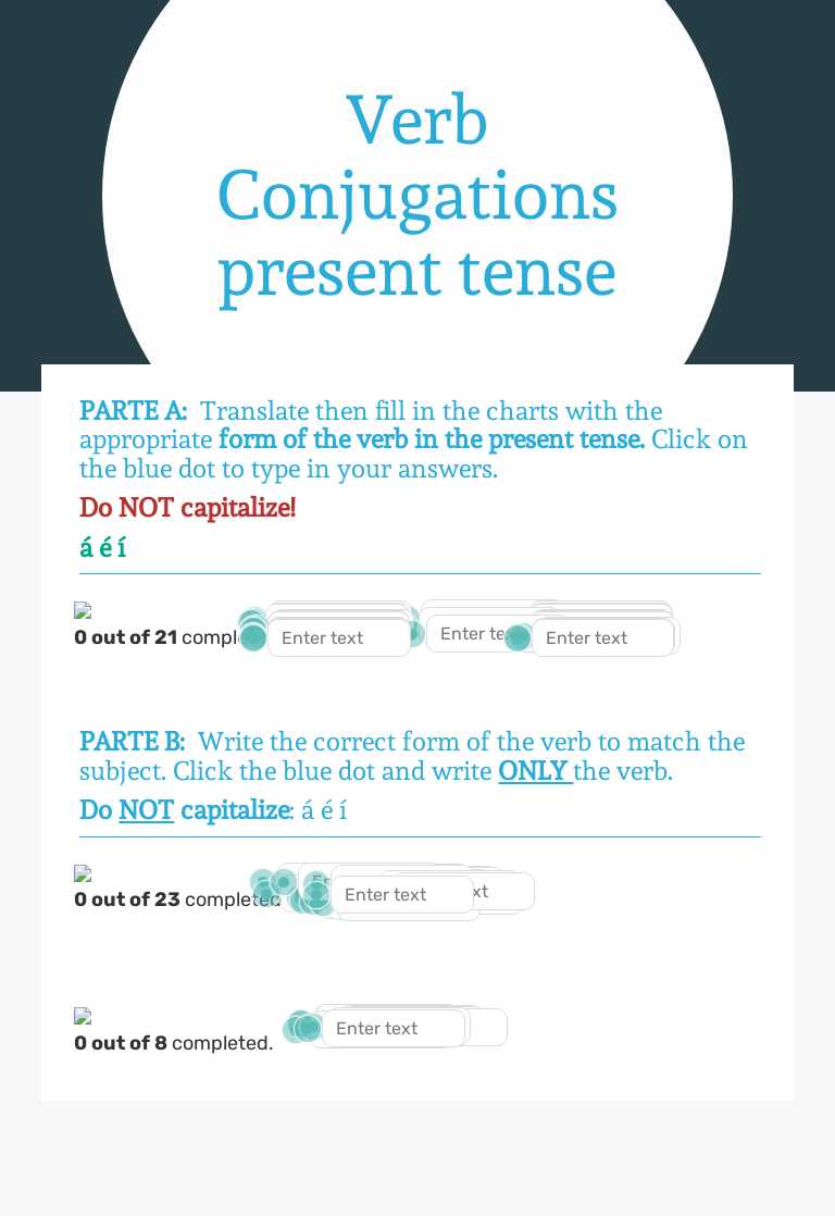 Verb Conjugations present tense worksheet preview image