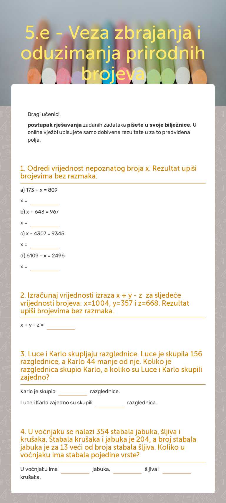 5.e - Veza zbrajanja i oduzimanja prirodnih brojeva Grade 5 worksheet preview