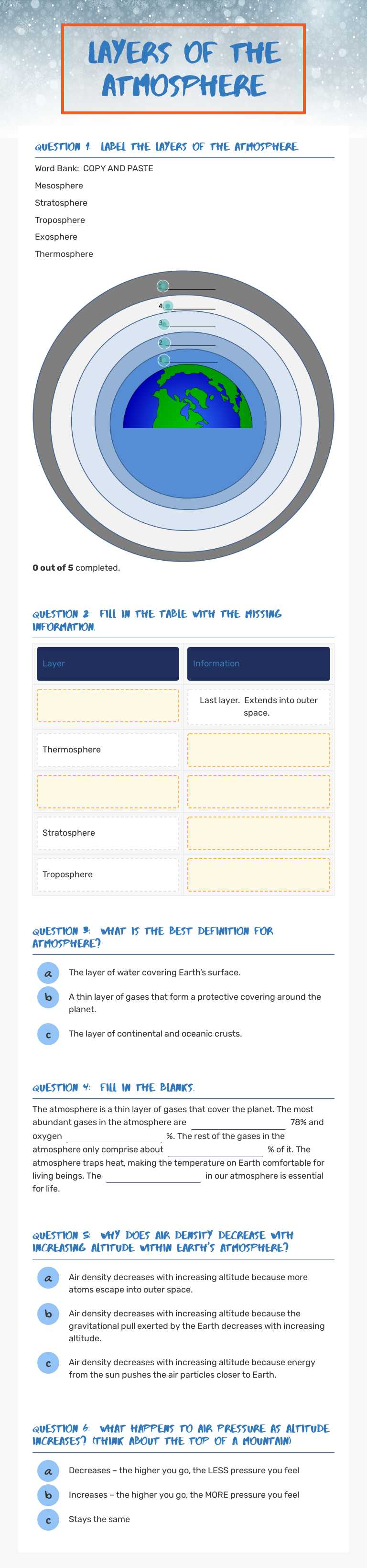 Layers of The Atmosphere worksheet preview image