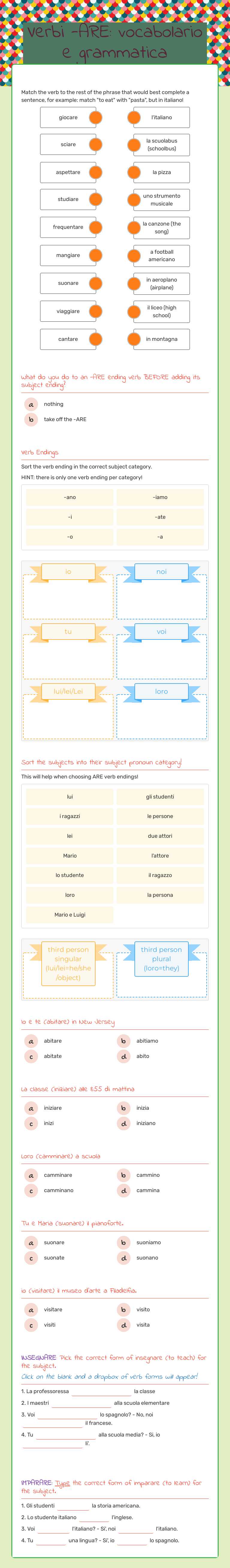 Verbi -ARE: vocabolario e grammatica worksheet preview image